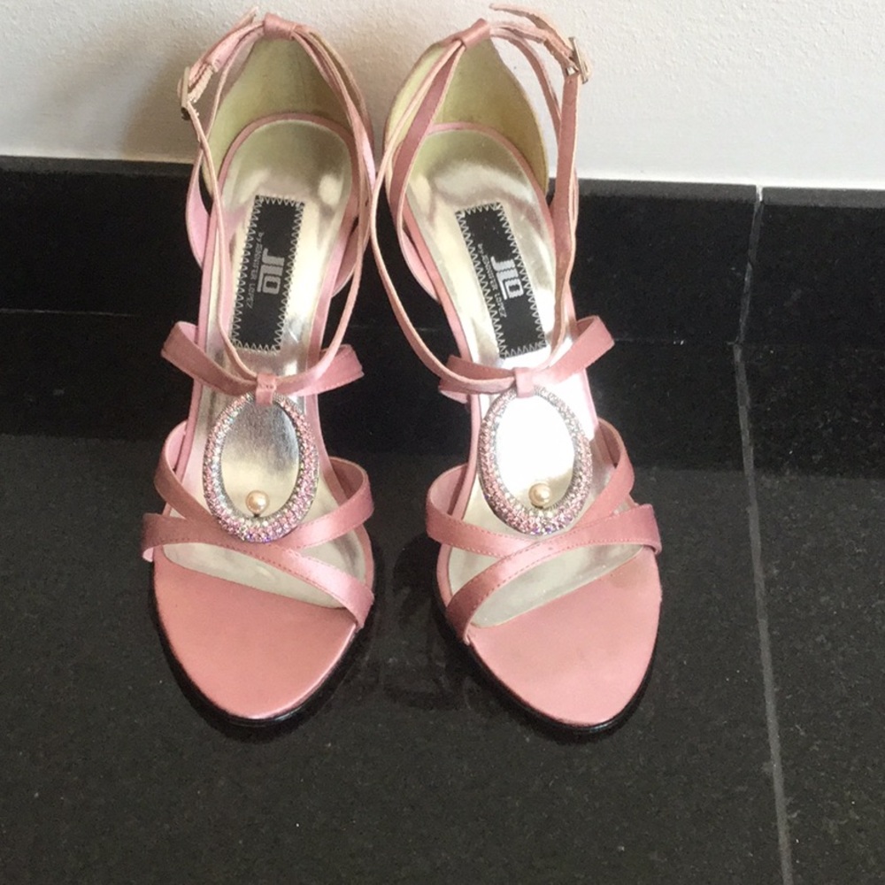 JLo pink satin heel sandals w/ jewel drop